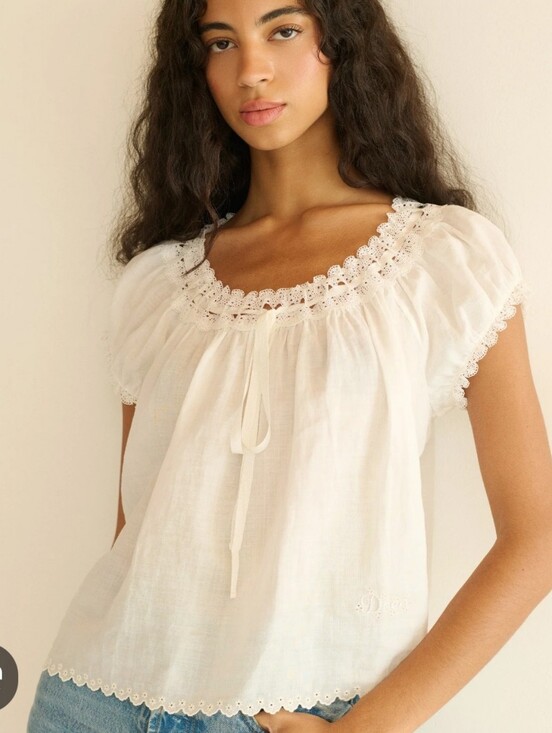 Doen Tops - Women's White Blouse - DÔEN Marinette Vintage Inspired Peasant Embroidery Size M